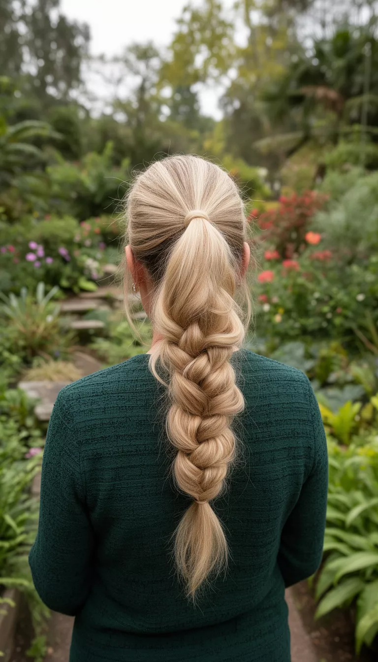 photo of a 42-year-old woman wearing a dark green textured top with a long blonde colored high ponytail with a voluminous elaborate pull-through braid hairstyle, back view, botanical garden background.