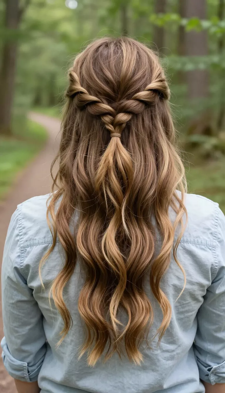 photo of a 34-year-old woman wearing a casual shirt with a long brown blonde wavy hair with a simple half-up style secured by braids across the back hairstyle, back view, forest trail background.