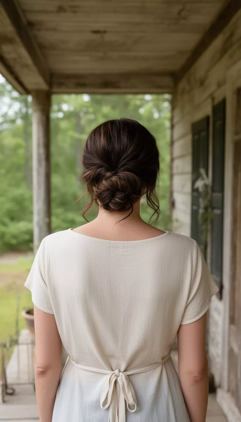 photo of a 36-year-old woman wearing a light colored top with a back tie with a dark brown colored low messy side bun incorporating a fishtail braid hairstyle, back view, rustic porch background.