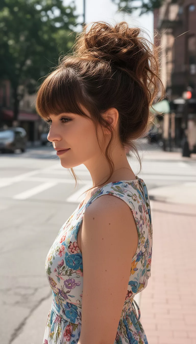 photo of a 34-year-old woman wearing a summer dress with a brown hair colored messy voluminous high top bun with bangs hairstyle, side view, sunny street background.