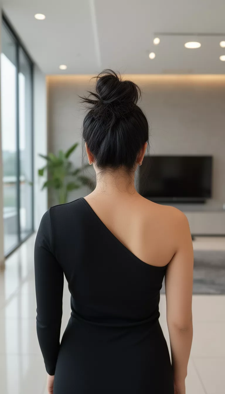 photo of a 31-year-old woman wearing a black one-shoulder top with a dark hair colored messy top knot hairstyle, back view, modern indoor background.