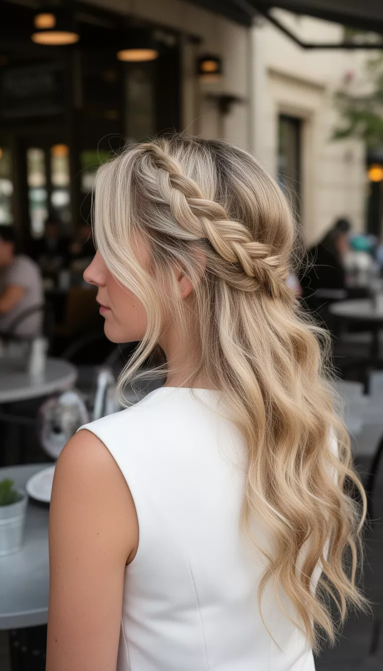 photo of a 38-year-old woman wearing a white top with a blonde colored long wavy half-up style secured by a braid across the crown hairstyle, side view, outdoor cafe background.
