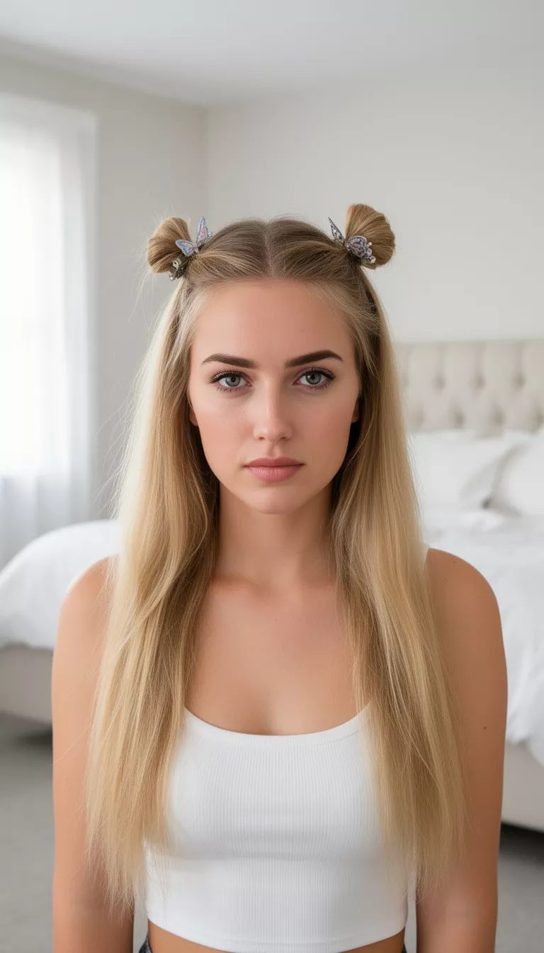 photo of a 28-year-old woman wearing a white top with a long blonde hair partially secured in two small top sections with butterfly clips hairstyle, front view, bright bedroom background.