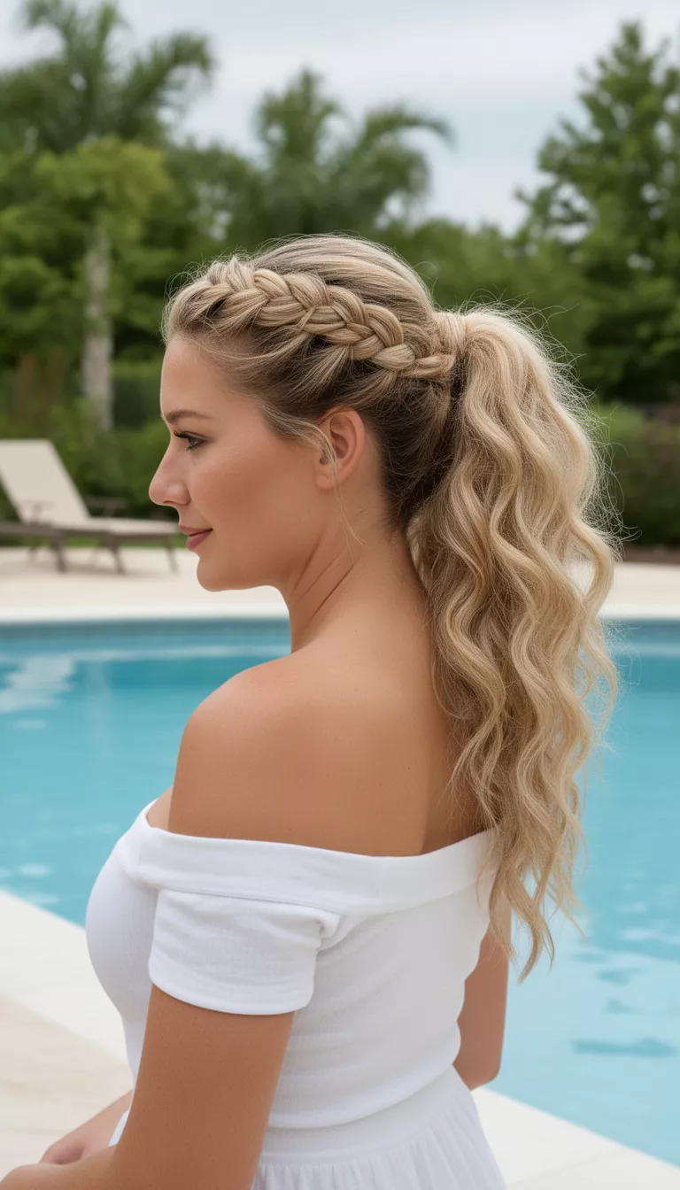 photo of a 39-year-old woman wearing a white off-the-shoulder top with a blonde colored crown braid extending into a voluminous wavy ponytail hairstyle, side view, poolside background.