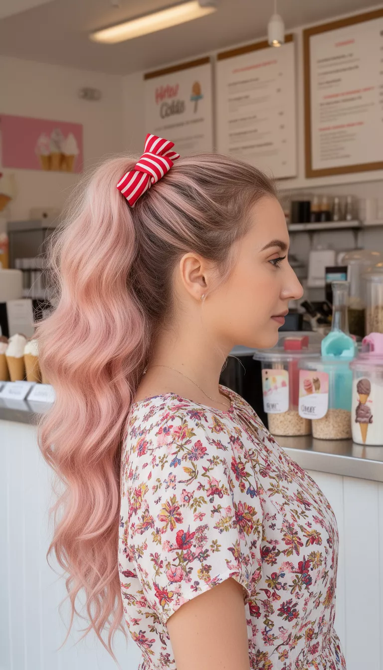 photo of a 33-year-old woman wearing a summer blouse with a long wavy blonde pink toned hair in a high ponytail secured with a red and white striped bow hairstyle, side view, ice cream shop background.