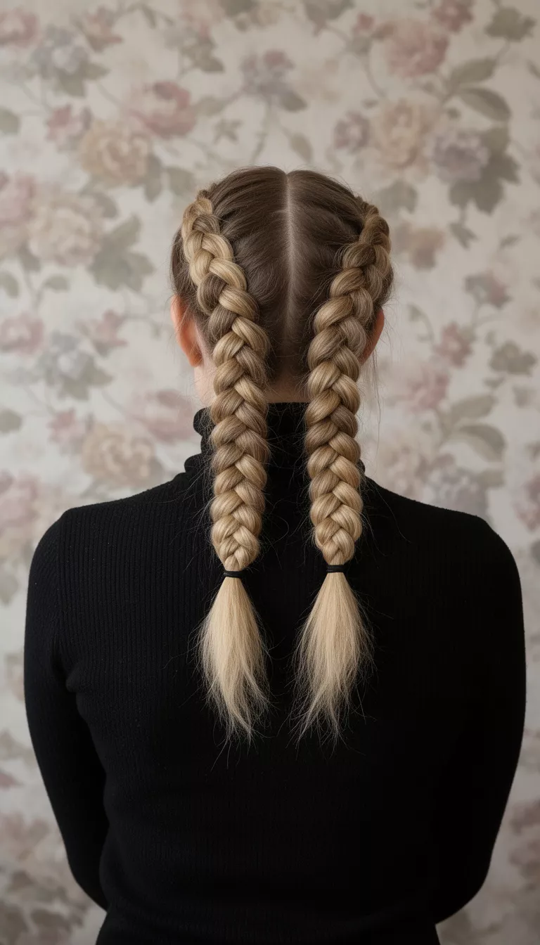 photo of a 27-year-old woman wearing a black turtleneck with a blonde colored two voluminous Dutch braids tied into low ponytails hairstyle, back view, floral wall background.