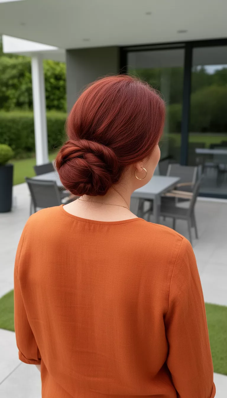 photo of a 45-year-old woman wearing an orange toned top with a rich auburn colored neat low twisted bun hairstyle, back side view, modern patio background.