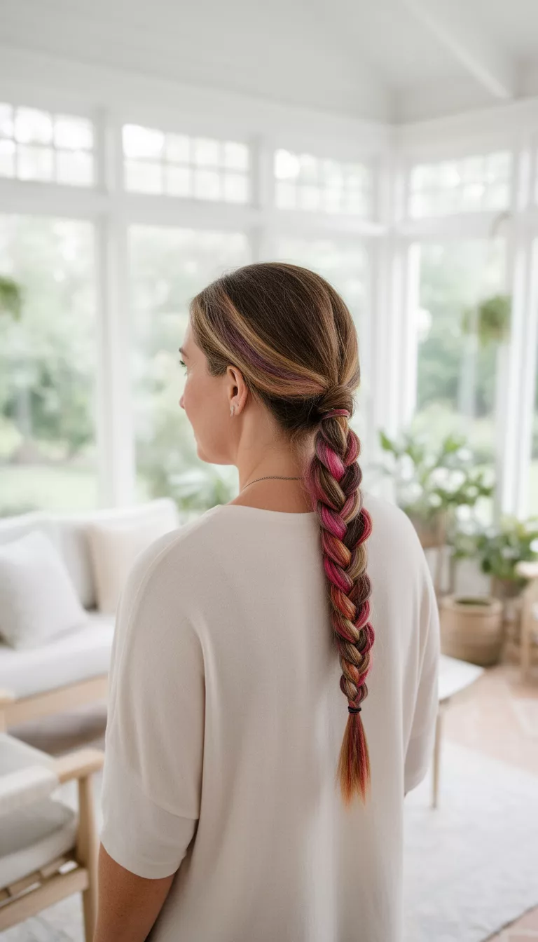 photo of a 44-year-old woman wearing a light-colored top with a long highlighted colored Dutch braid pulled back into a ponytail hairstyle, side back view, airy sunroom background.