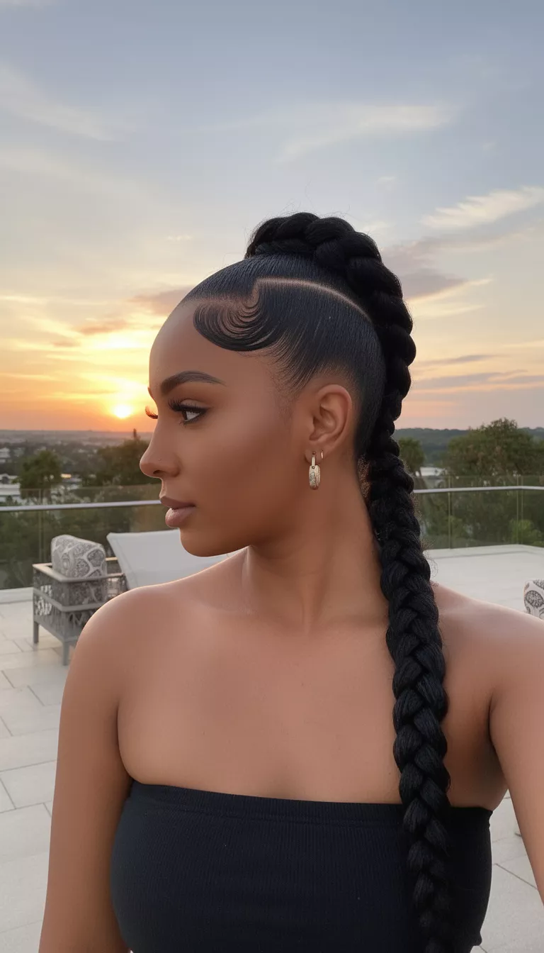 photo of a 37-year-old woman wearing a strapless top with a dark hair colored intricate edge control and a long braid hairstyle, diagonal view, sunset terrace background.