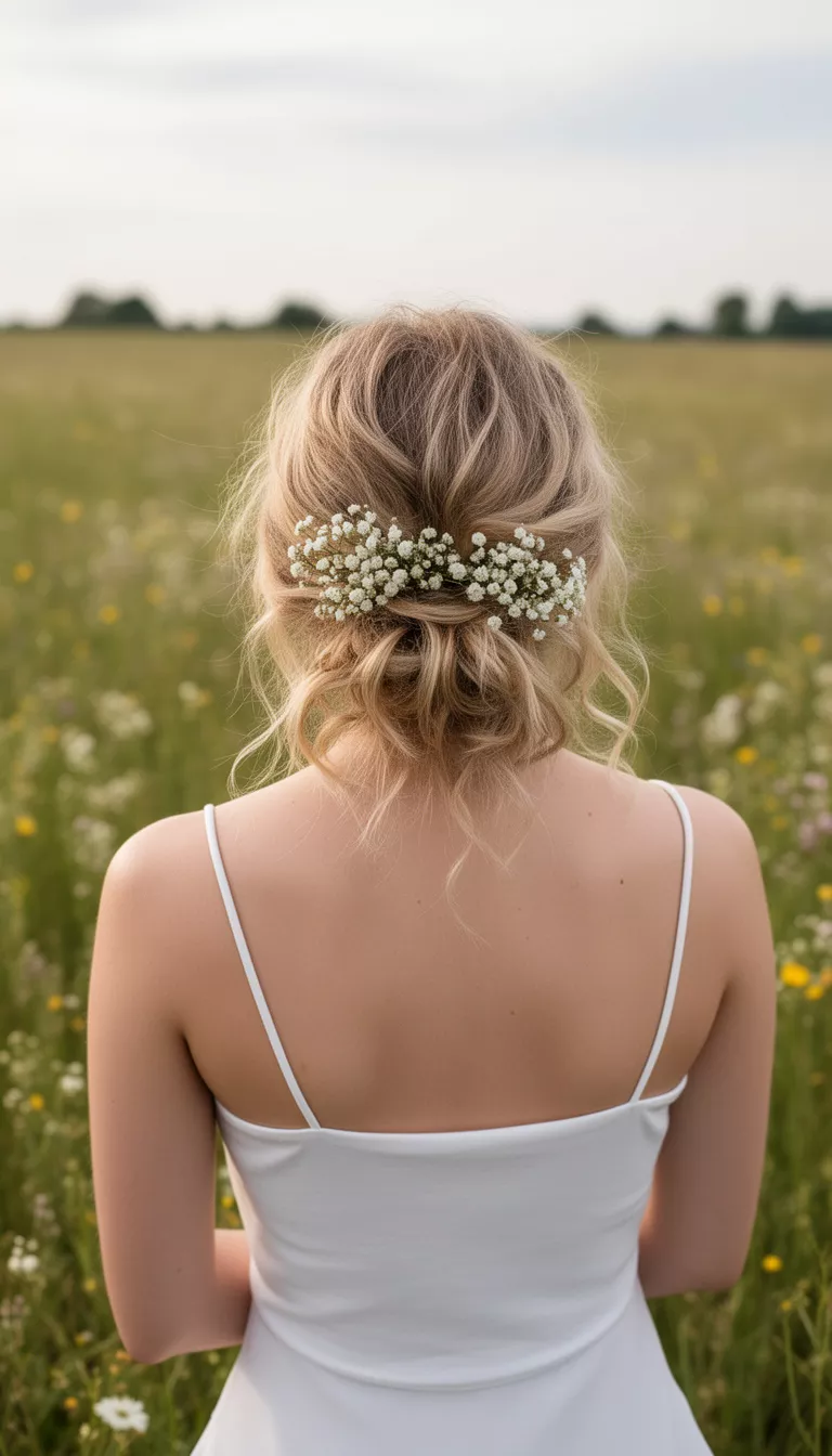 photo of a 29-year-old woman wearing a white spaghetti strap top with a blonde colored loose messy updo adorned with baby's breath flowers hairstyle, back view, meadow background.