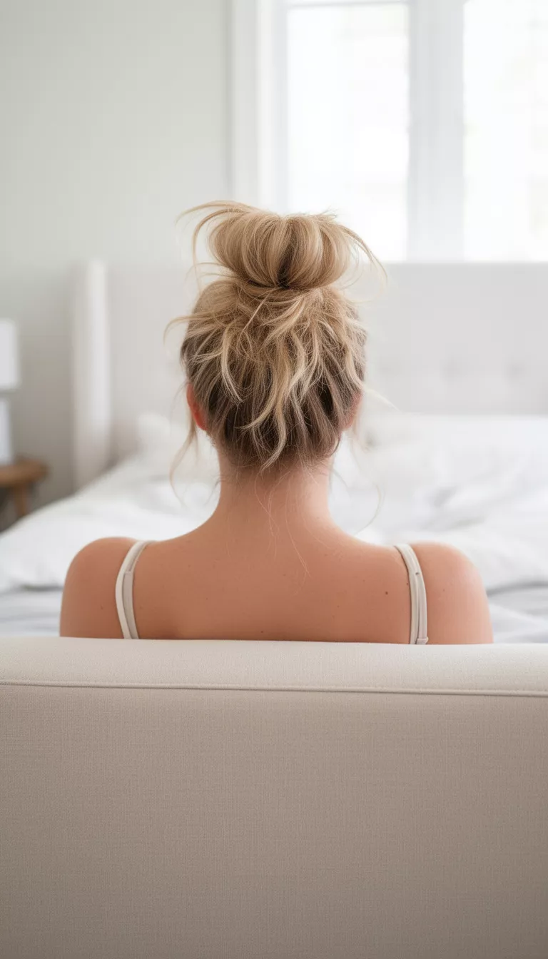 photo of a 30-year-old woman sitting against a light-colored headboard with a blonde colored messily styled tall loose top knot hairstyle, back view, bright indoor bedroom background.