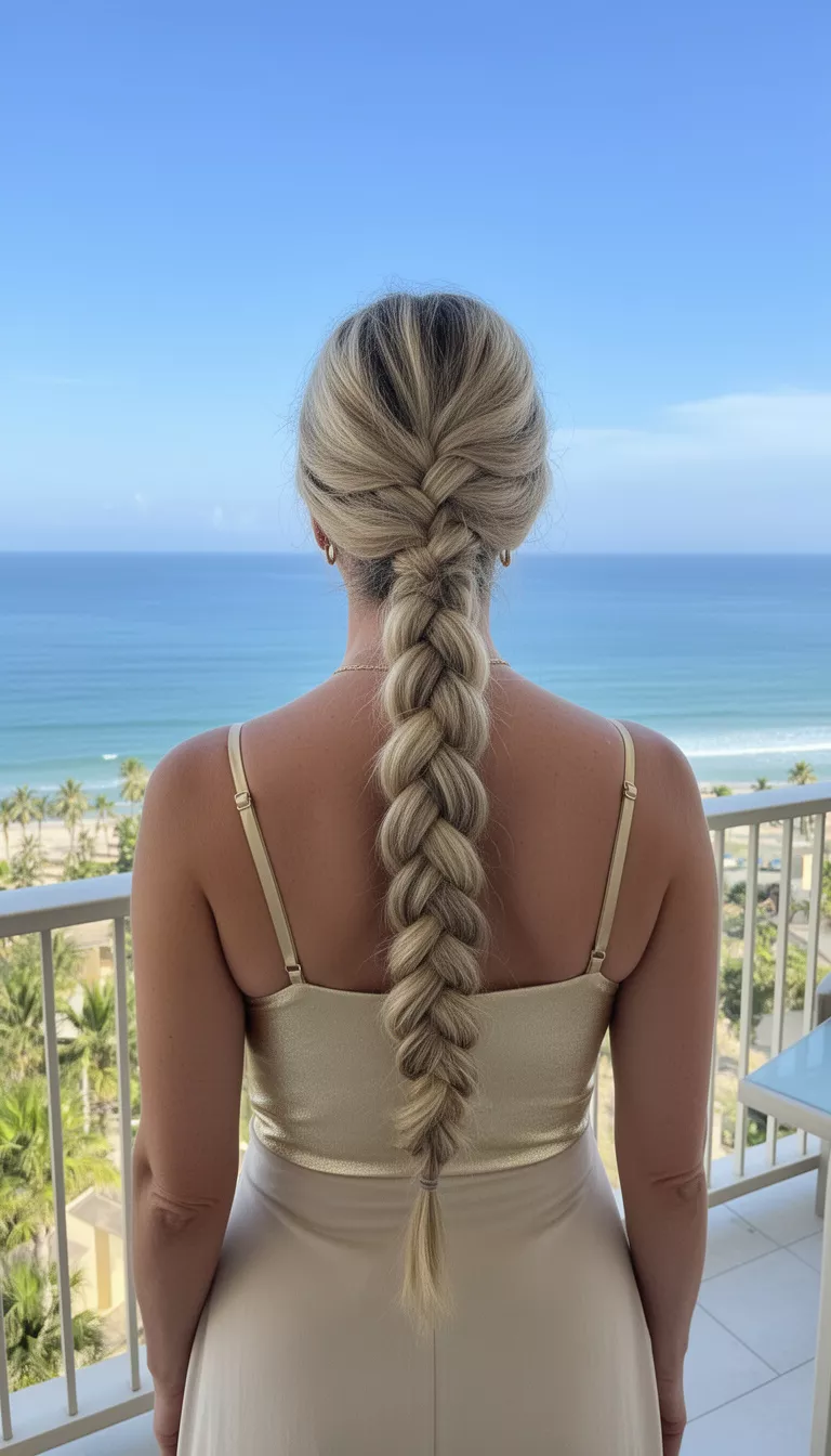 photo of a 40-year-old woman wearing a light gold strap top with a long blonde colored thick voluminous side pull-through braid hairstyle, back view, coastal balcony background.