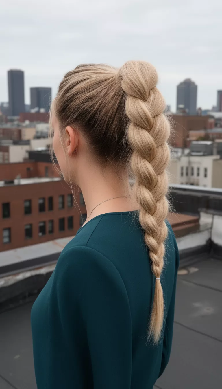 photo of a 31-year-old woman wearing a dark teal top with a blonde colored high ponytail featuring a large Dutch braid hairstyle, side view, urban rooftop background.