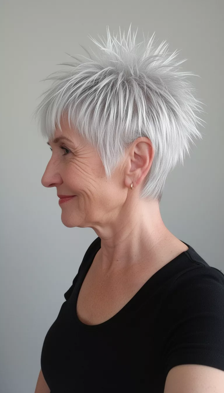 selfie of a 70-year-old woman wearing a black top with a spiky platinum fringe hairstyle, profile view, minimal background