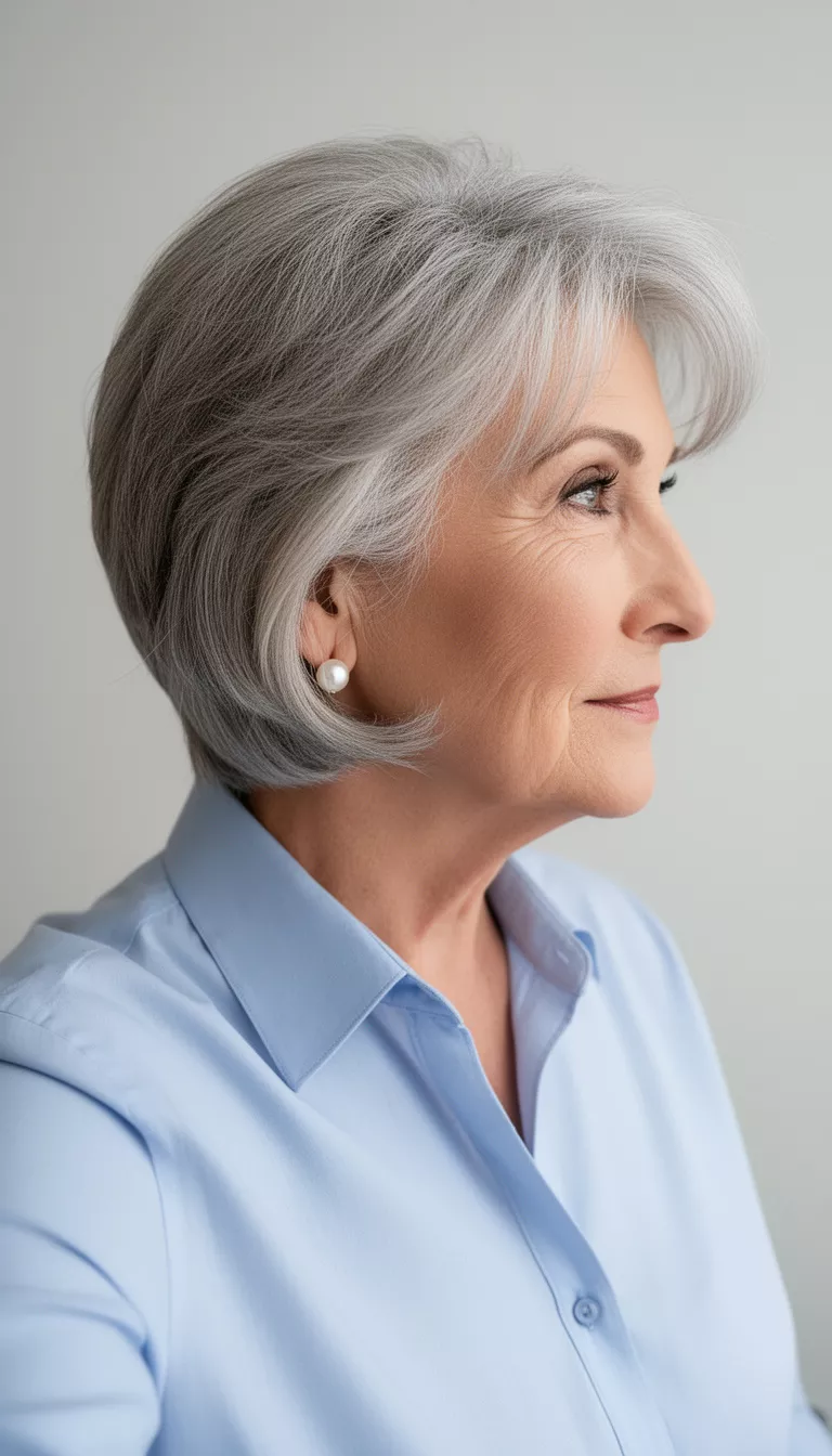 selfie of a 75-year-old woman wearing a light blue collared shirt and pearl earring with a styled gray layered volume hairstyle, profile view, minimal background