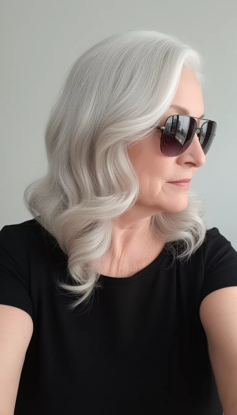 selfie of a 77-year-old woman wearing sunglasses and a black top with a wavy side sweep platinum hairstyle, profile view, minimal background
