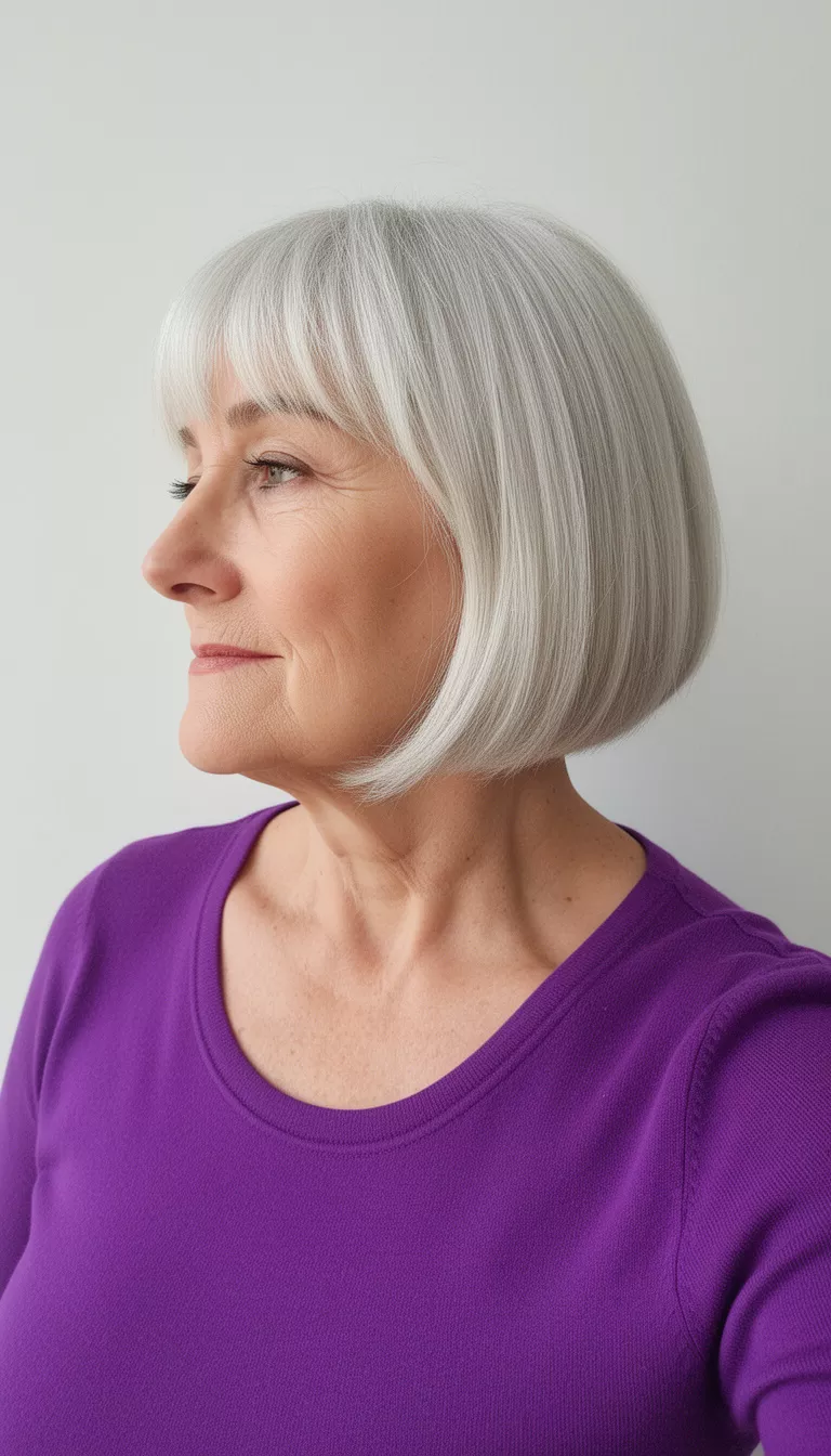 selfie of a 70-year-old woman wearing a purple top with an angled platinum bob hairstyle, profile view, minimal background