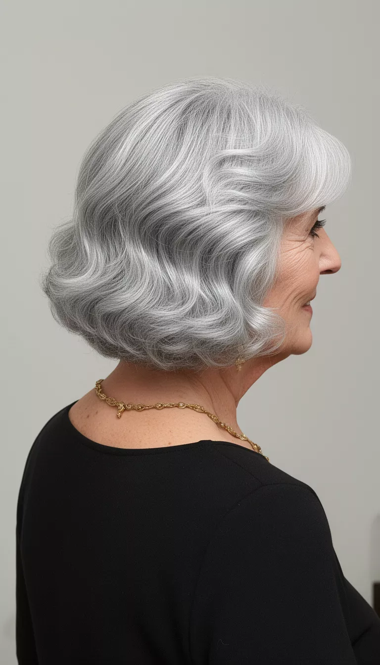 selfie of a 76-year-old woman wearing a black top and gold jewelry with a silver waves back view hairstyle, back/side view, minimal background