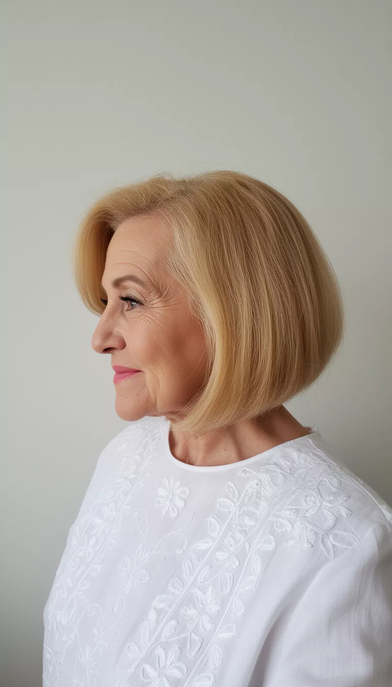 selfie of a 74-year-old woman wearing a white embroidered top with a golden blonde side swept bob hairstyle, profile view, minimal background