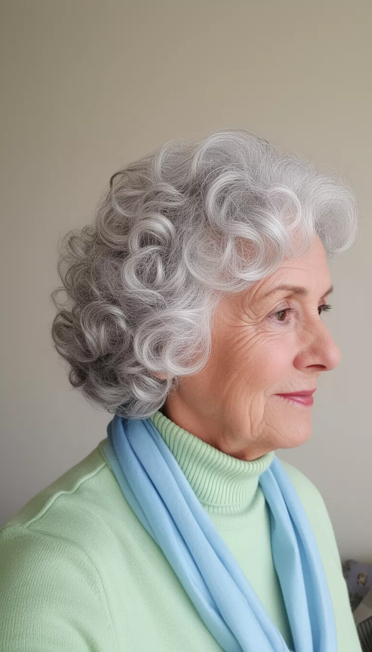 selfie of a 78-year-old woman wearing a pale green turtleneck and light blue scarf with a voluminous silver curls hairstyle, right side view, minimal background