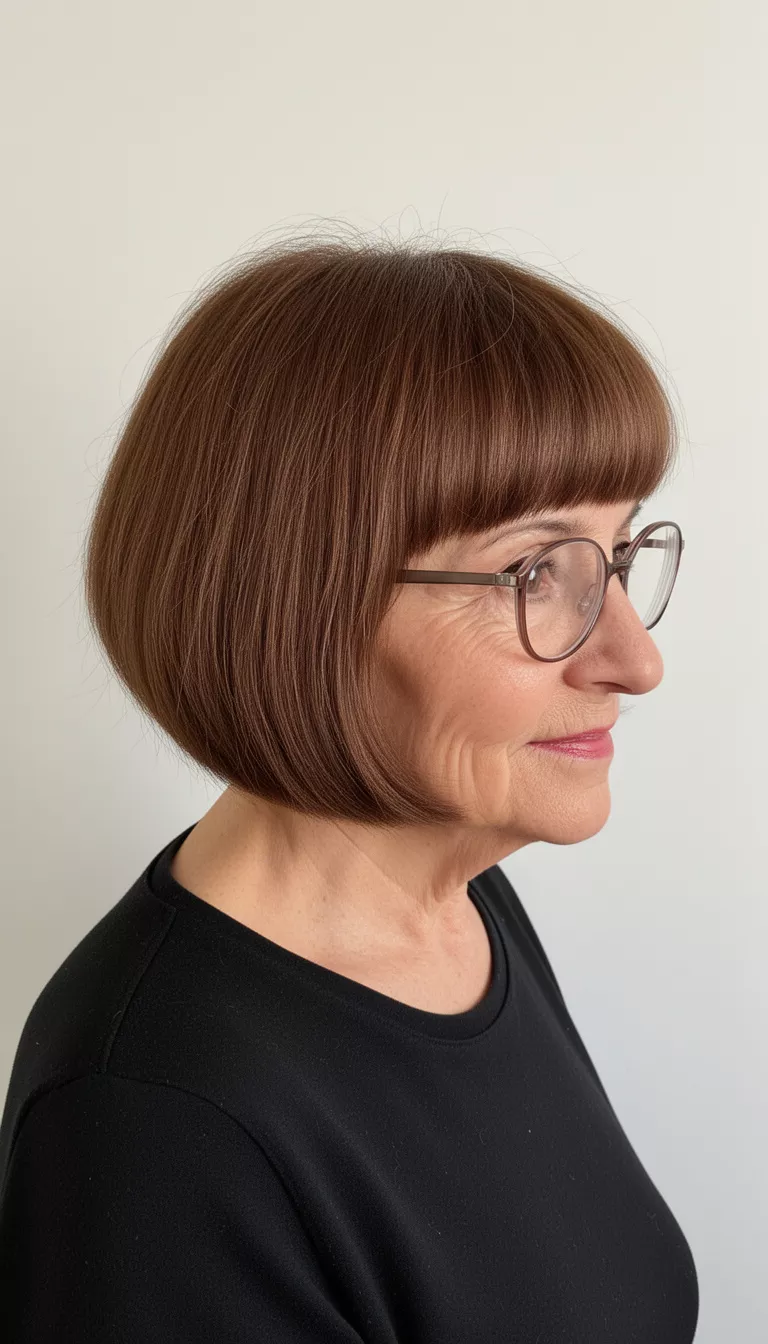 selfie of a 73-year-old woman wearing a black top and glasses with a rounded brown fringe bob hairstyle, right side profile, minimal background