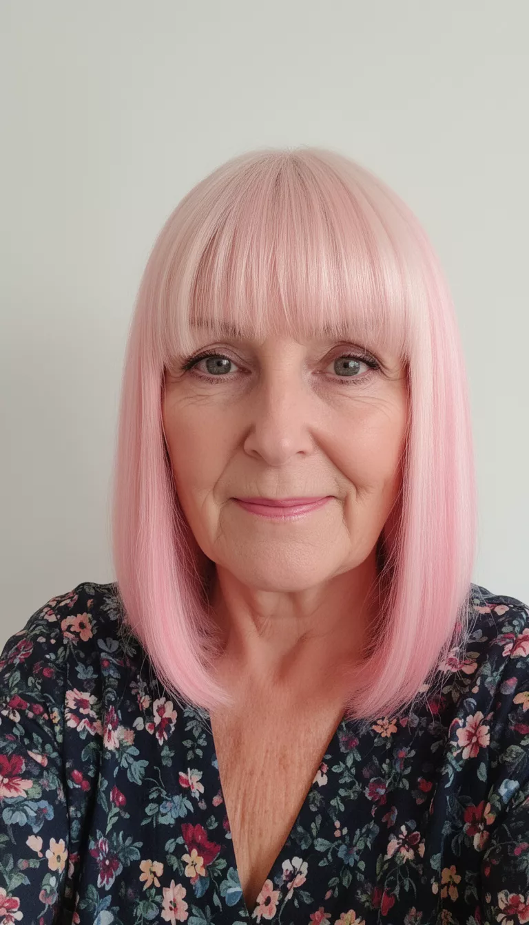 selfie of a 71-year-old woman wearing a dark floral top with a smooth pink blonde fringe hairstyle, front view, minimal background