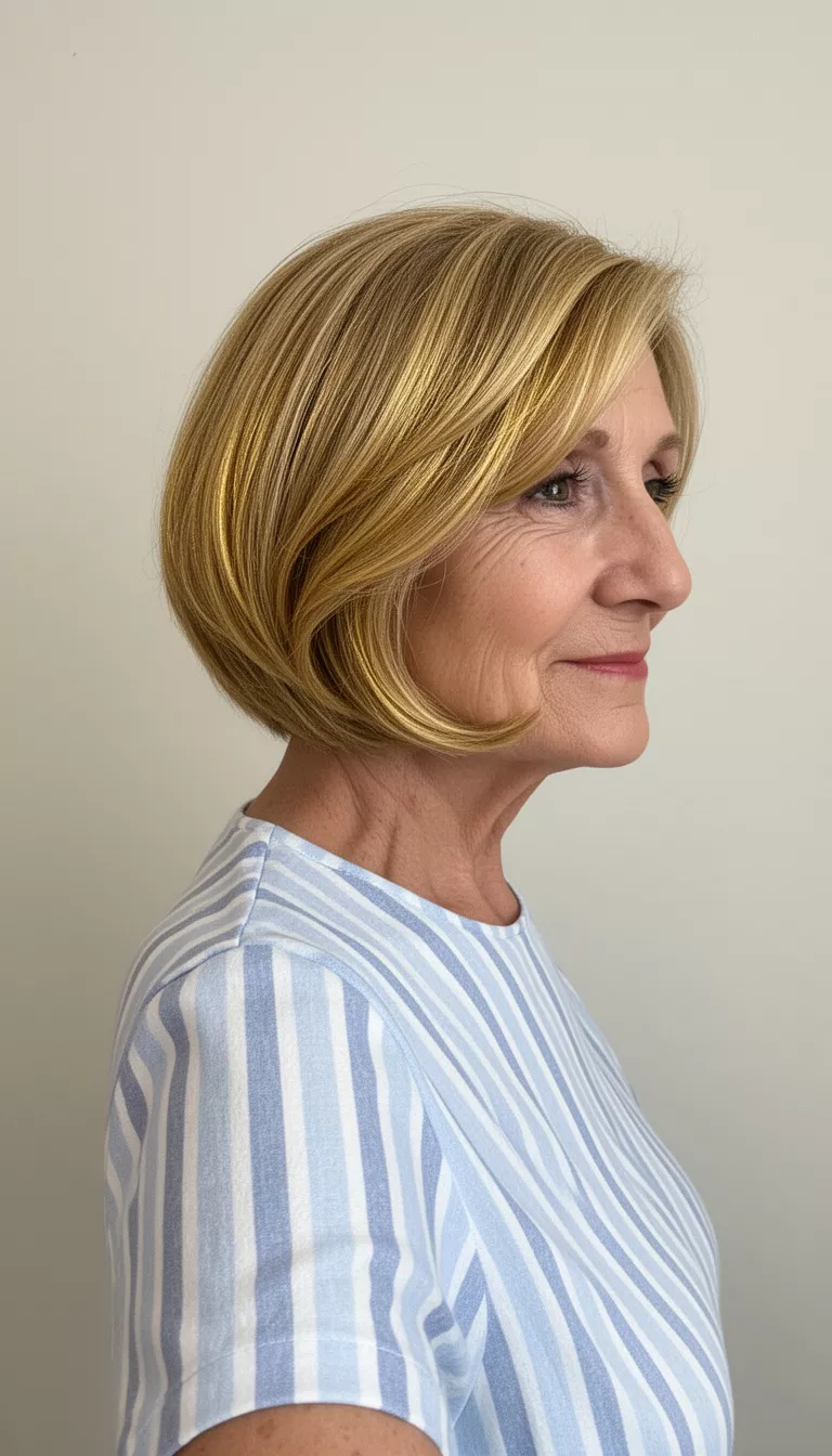 selfie of a 72-year-old woman wearing a light blue and white striped top with a curvy golden layered bob hairstyle, side view, minimal background