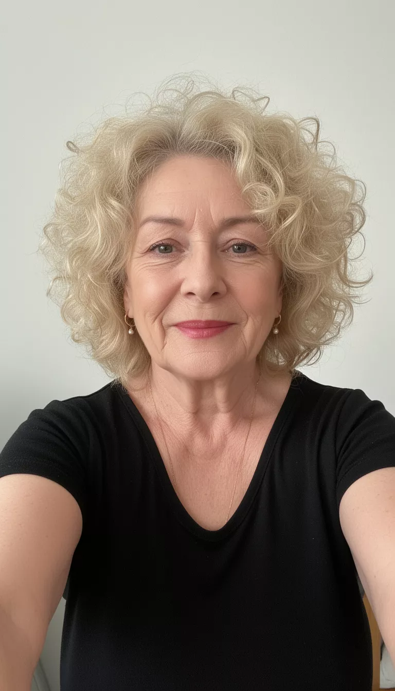 selfie of a 73-year-old woman wearing a black top with a tousled blonde curls hairstyle, front view, minimal background