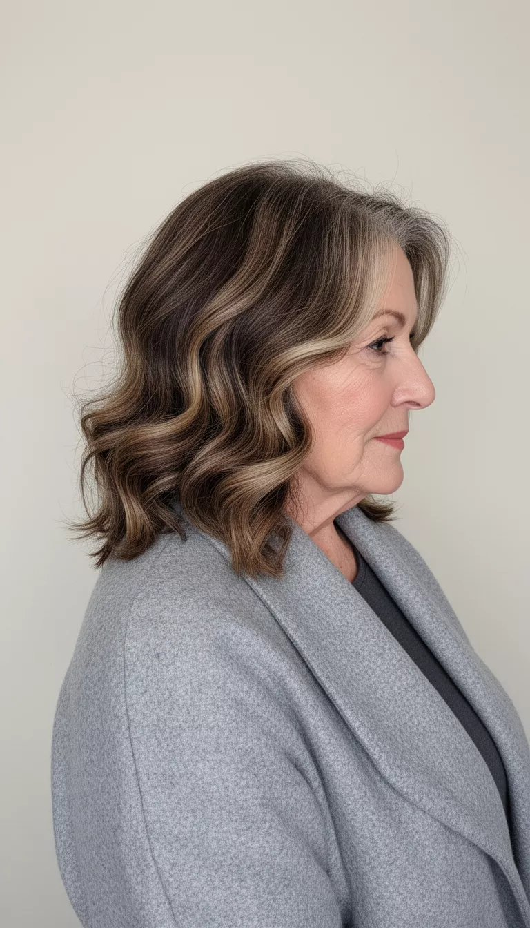 selfie of a 75-year-old woman wearing a gray outer layer with a wavy balayage medium length hairstyle, side profile view, minimal background