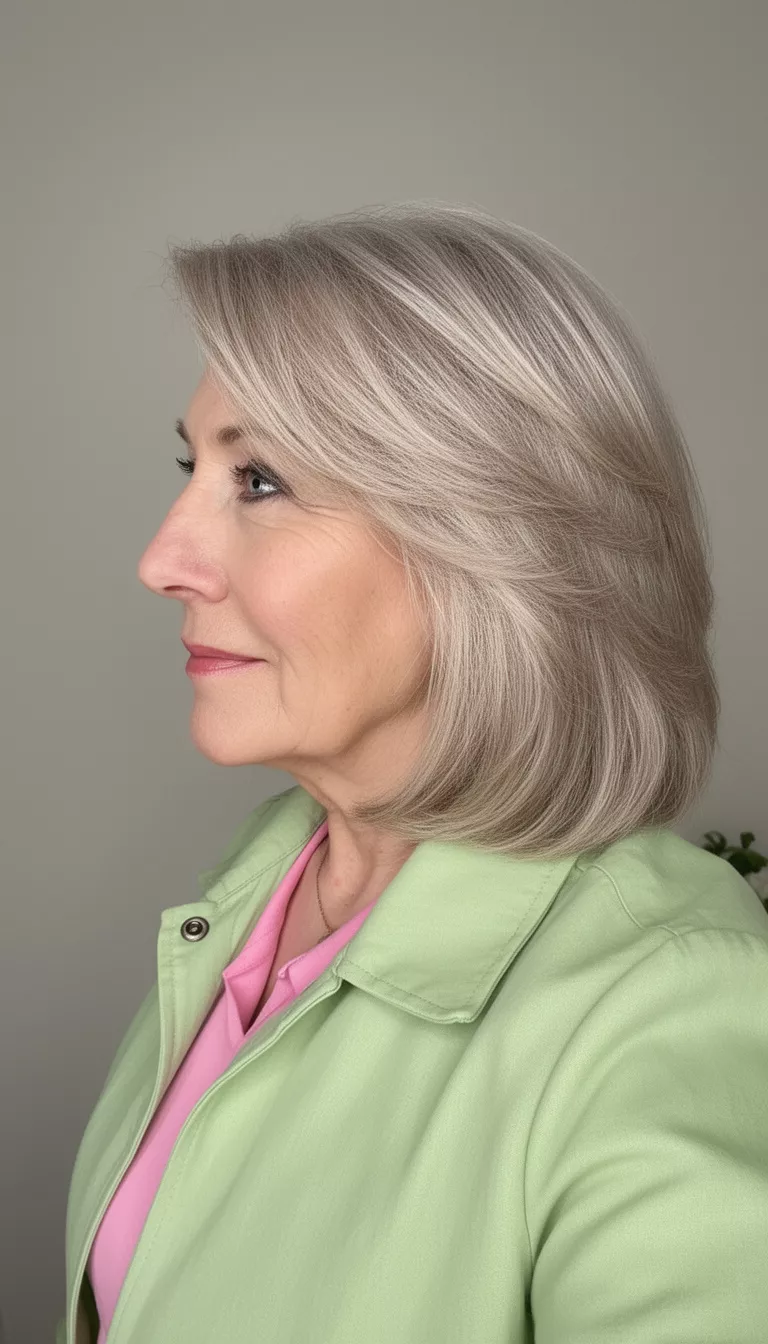 selfie of a 72-year-old woman wearing a light green jacket and pink shirt with a soft ash blonde layers hairstyle, side profile view, minimal background