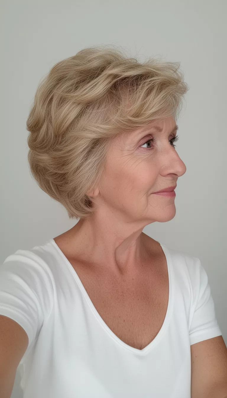 selfie of a 74-year-old woman wearing a white top with a textured blonde volume hairstyle, side view, minimal background