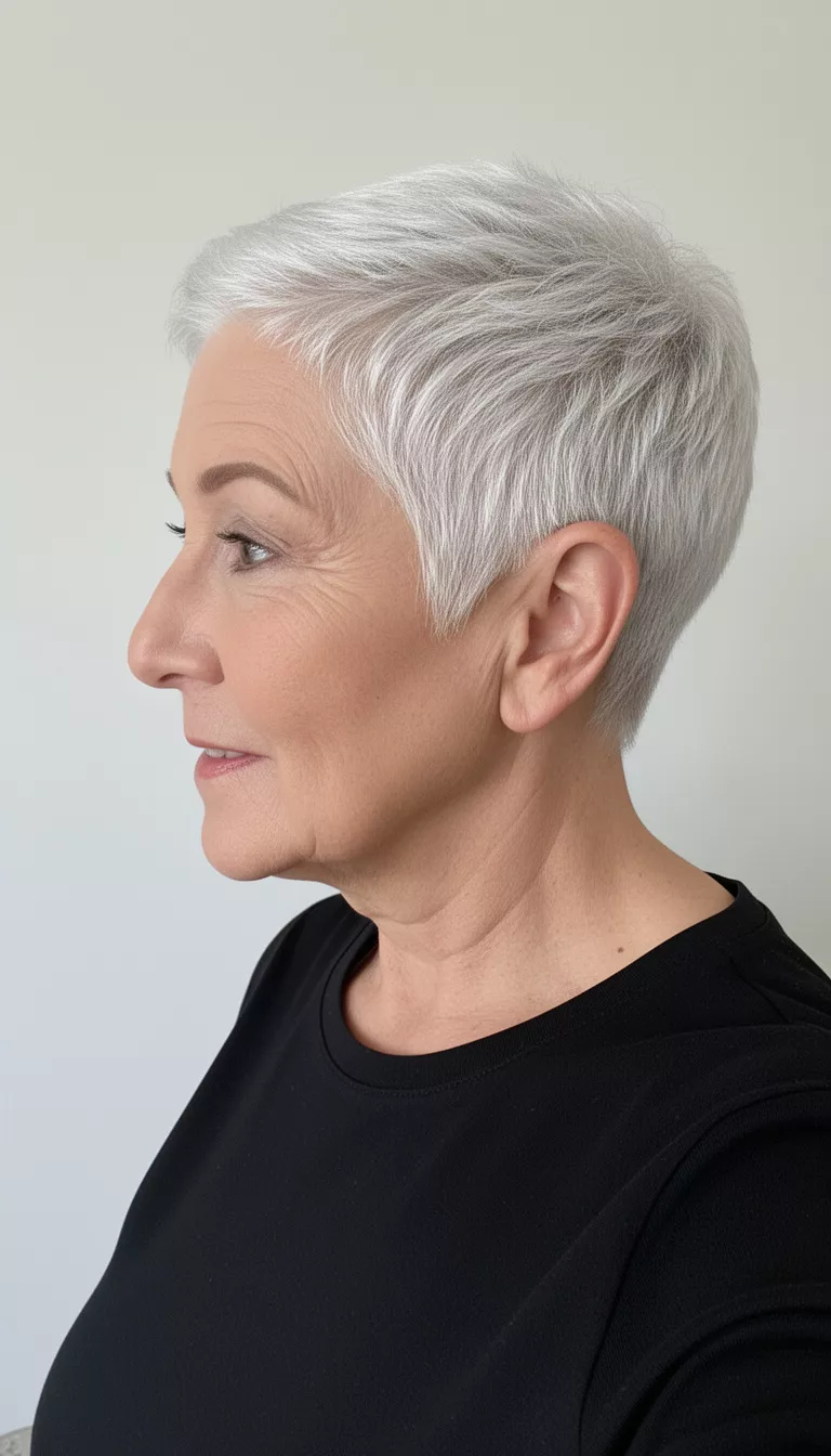 selfie of a 79-year-old woman wearing a black top with a sharp platinum textured pixie hairstyle, profile view, minimal background