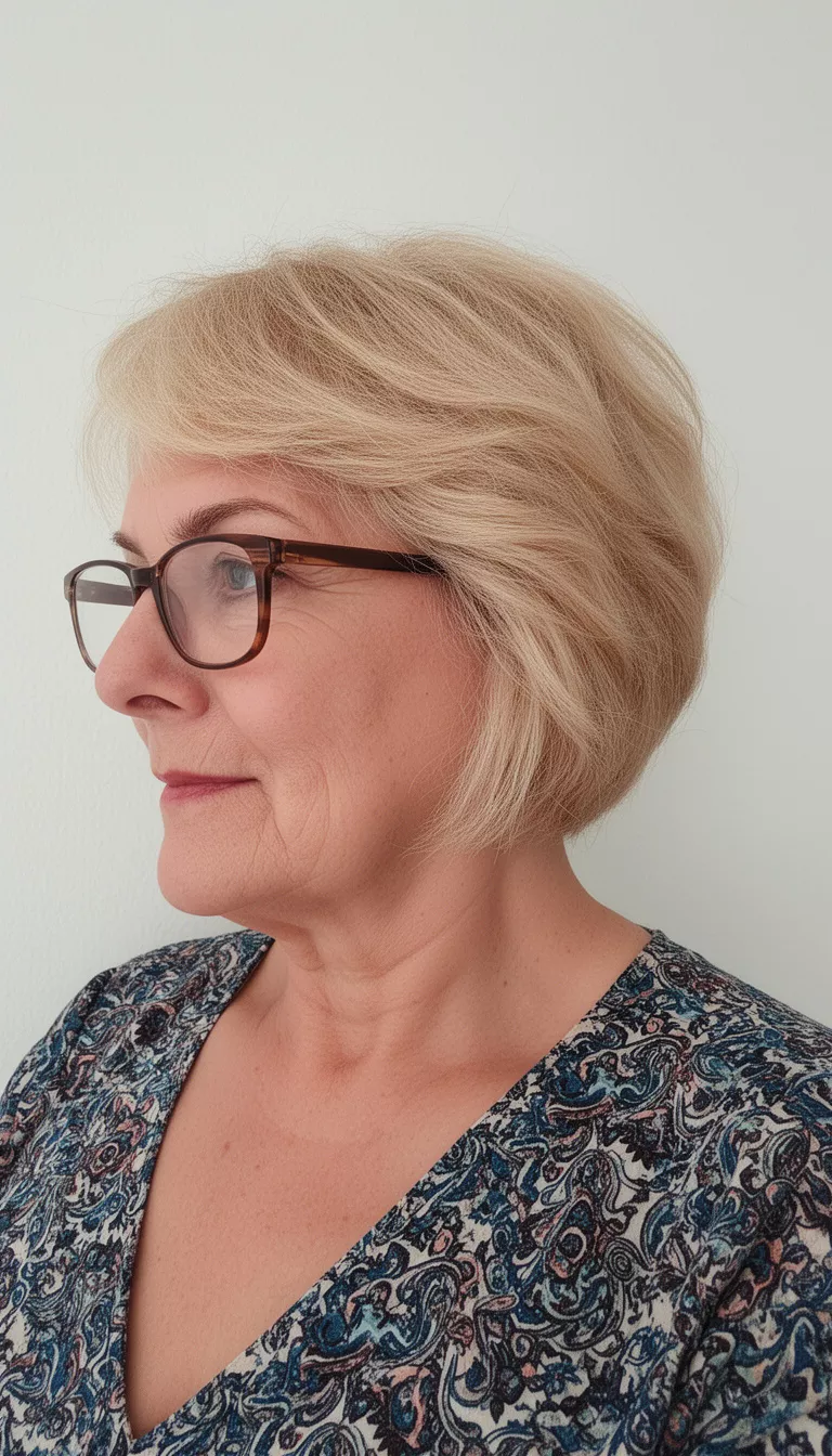 selfie of a 71-year-old woman wearing a patterned top and glasses with a textured blonde side profile hairstyle, side view, minimal background