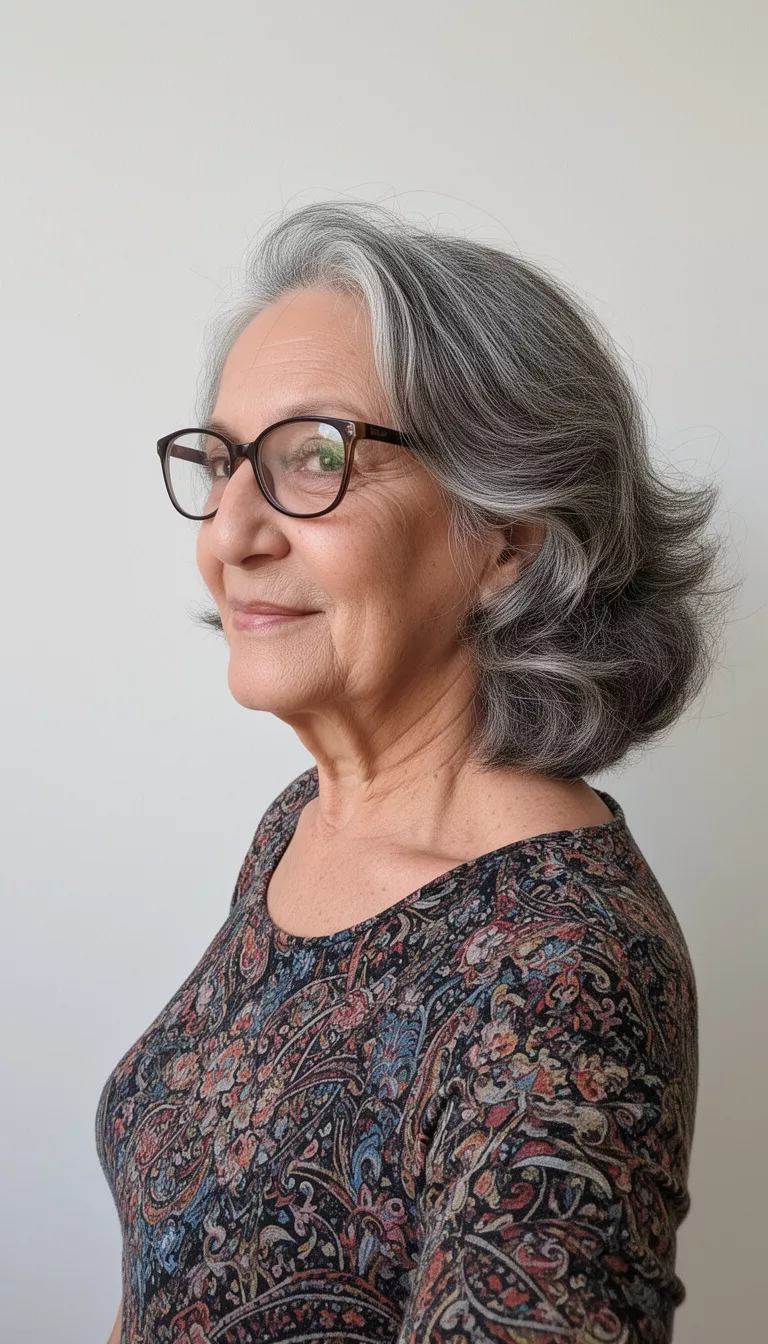 selfie of a 79-year-old woman wearing a patterned top and glasses with a salt and pepper waves hairstyle, right side view, minimal background