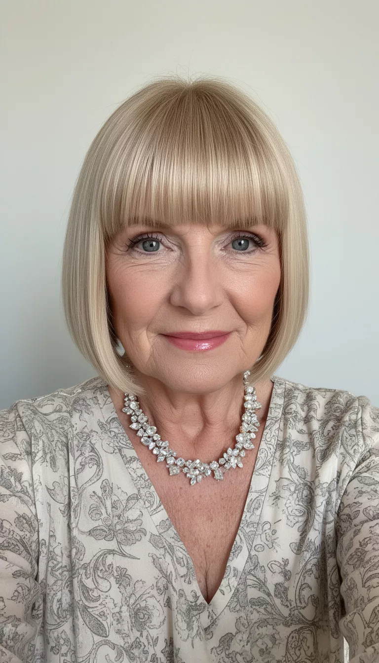 selfie of a 71-year-old woman wearing a light patterned top and crystal necklace with a sleek blonde fringe bob hairstyle, front view, minimal background