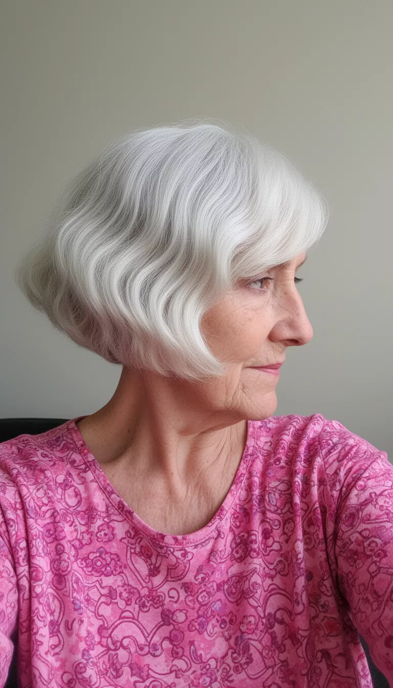 selfie of a 74-year-old woman wearing a pink patterned top with a wavy rounded platinum bob hairstyle, right side profile view, minimal background