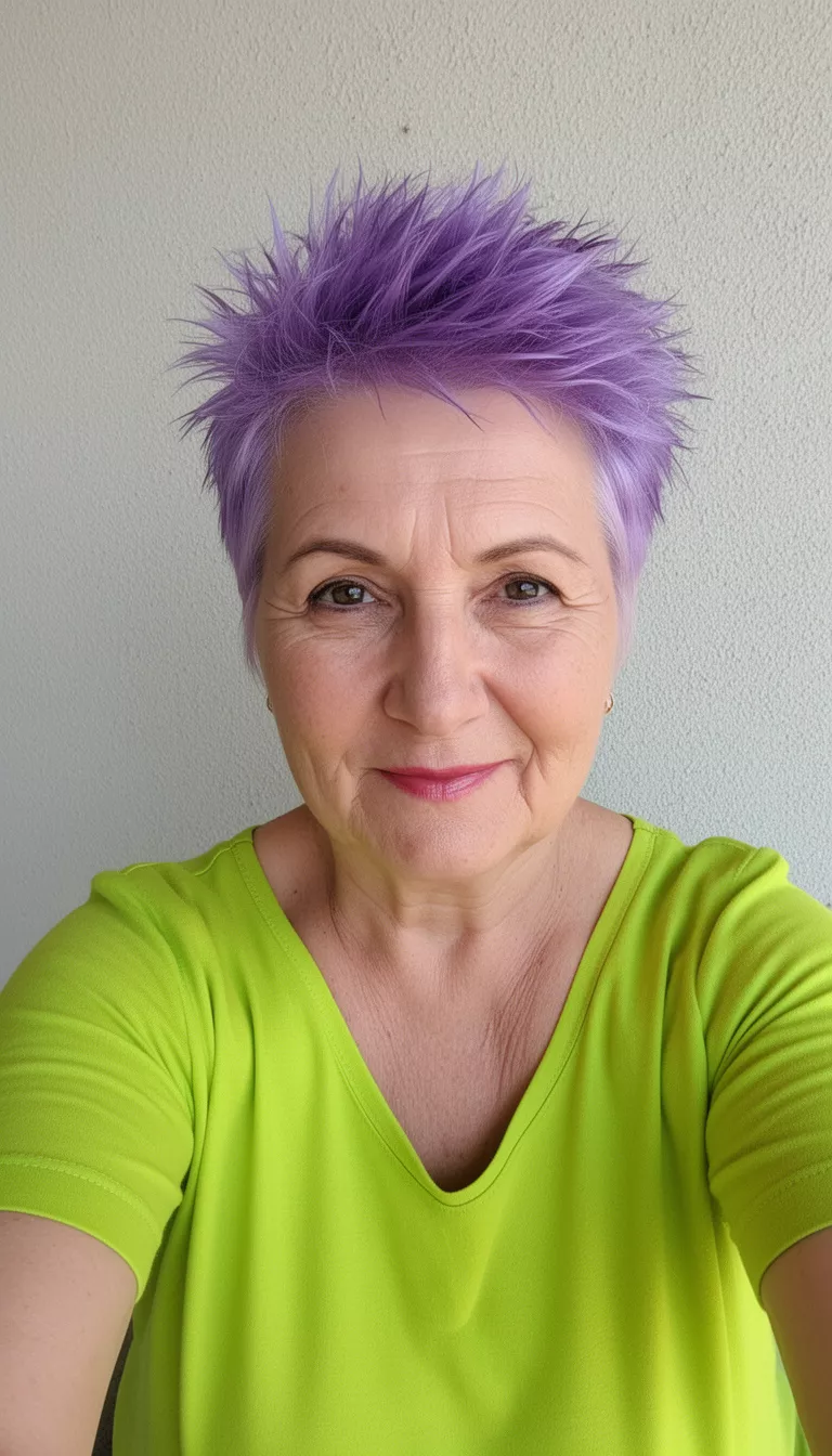 selfie of a 74-year-old woman wearing a bright lime green top with a lavender spiky pixie hairstyle, view from above, minimal background