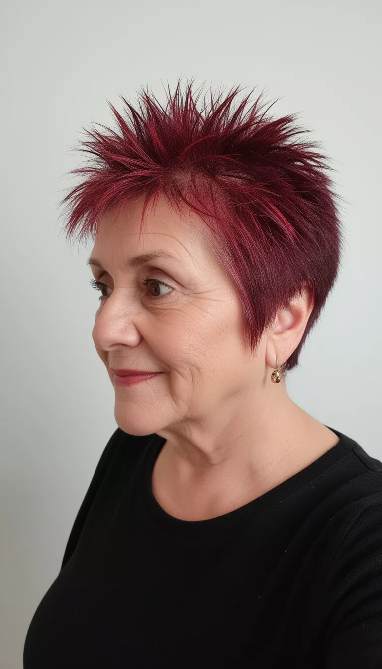 selfie of a 76-year-old woman wearing a black top with a spiky reddish highlighted cut hairstyle, side profile view, minimal background
