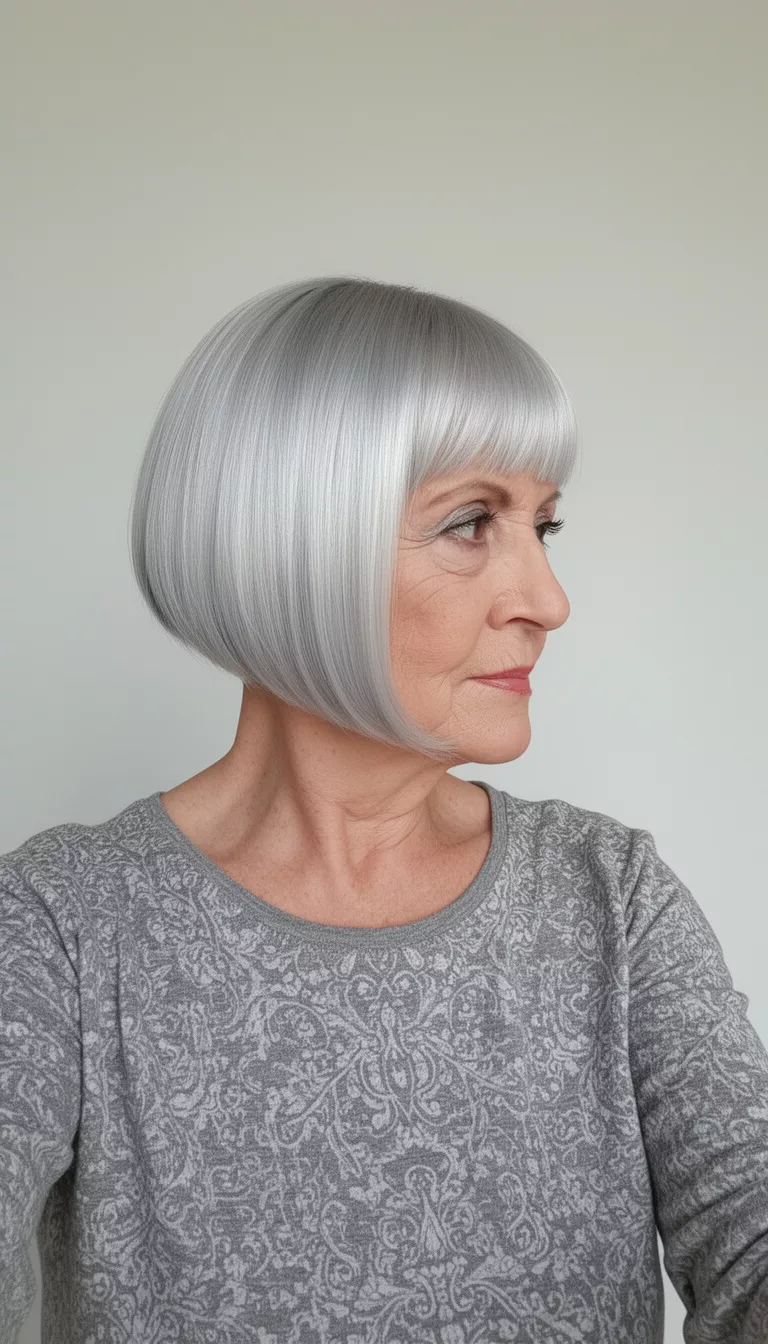 selfie of a 78-year-old woman wearing a gray patterned top with a sleek inverted silver bob hairstyle, profile view, minimal background