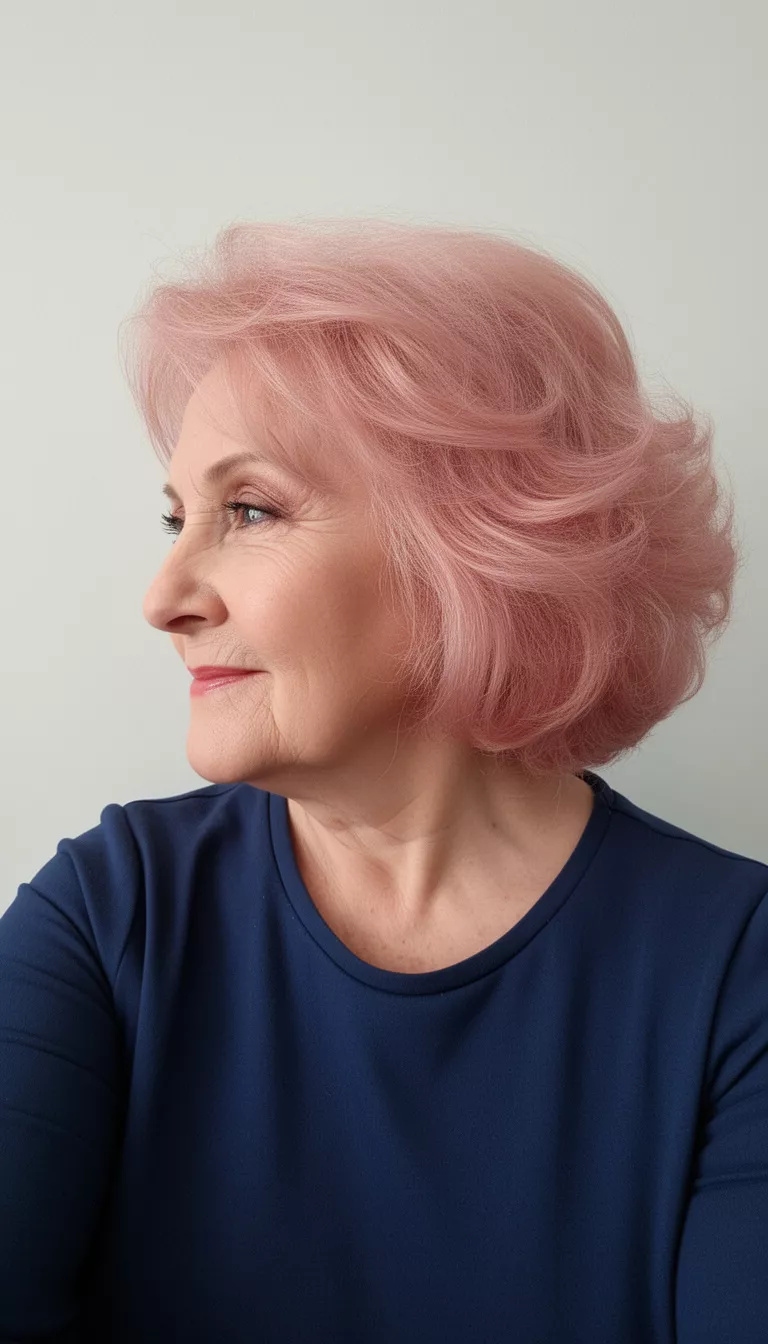 selfie of a 70-year-old woman wearing a dark blue top with a rosy pink layered volume hairstyle, side view, minimal background