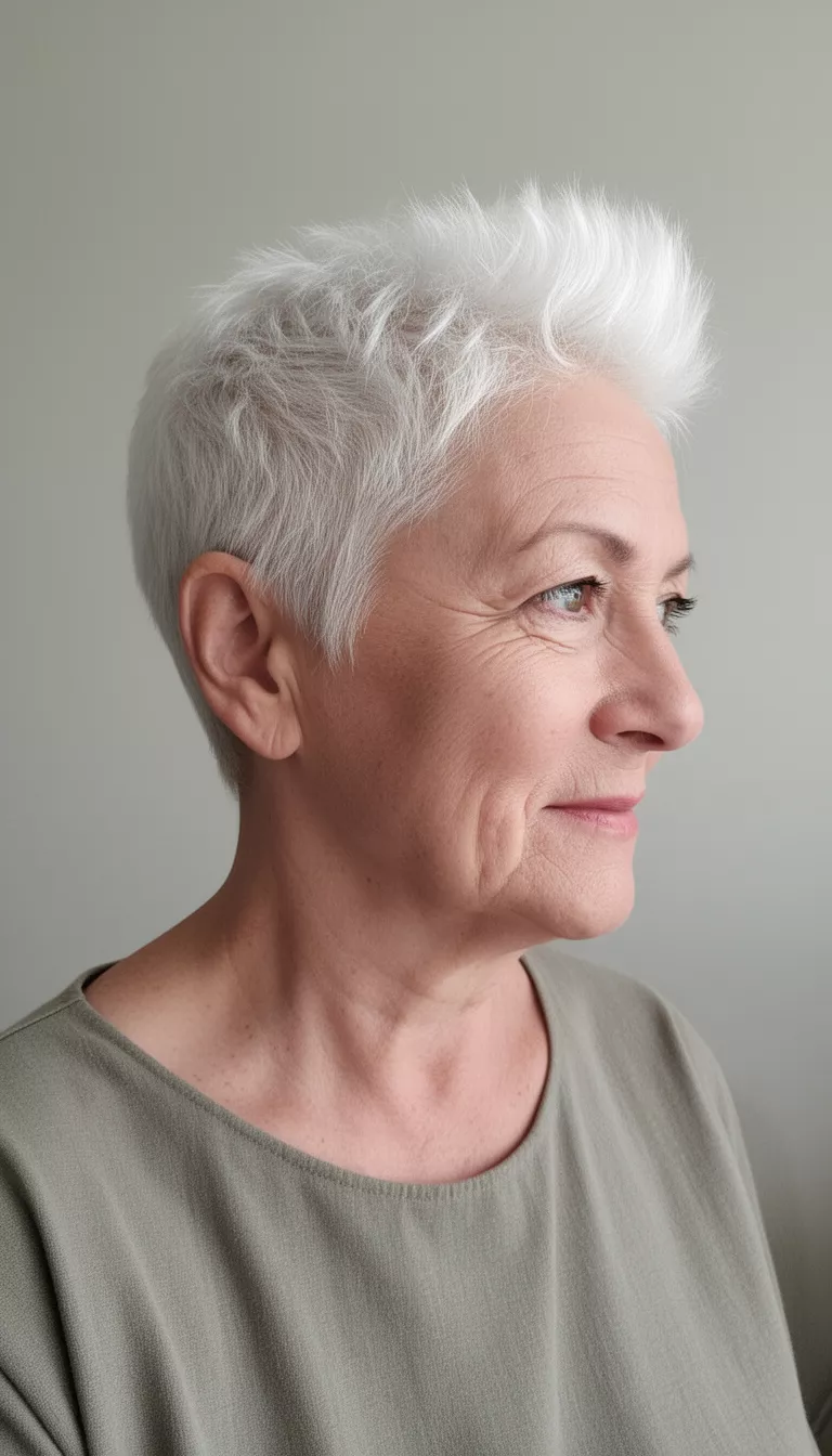 selfie of a 71-year-old woman wearing a muted top with a textured white pixie upward hairstyle, right side view, minimal background