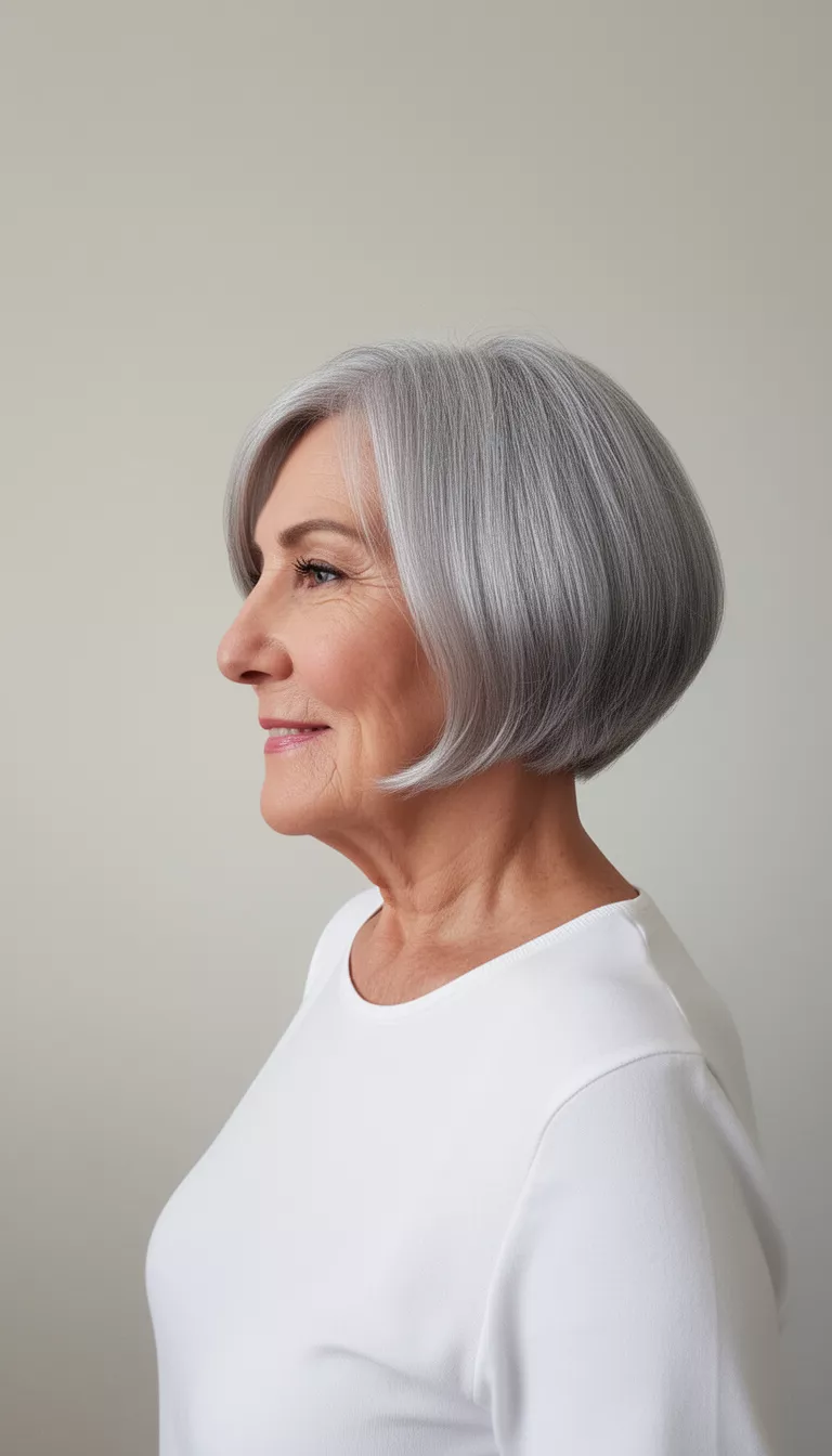 selfie of a 77-year-old woman wearing a white top with a stacked silver gray bob hairstyle, profile view, minimal background