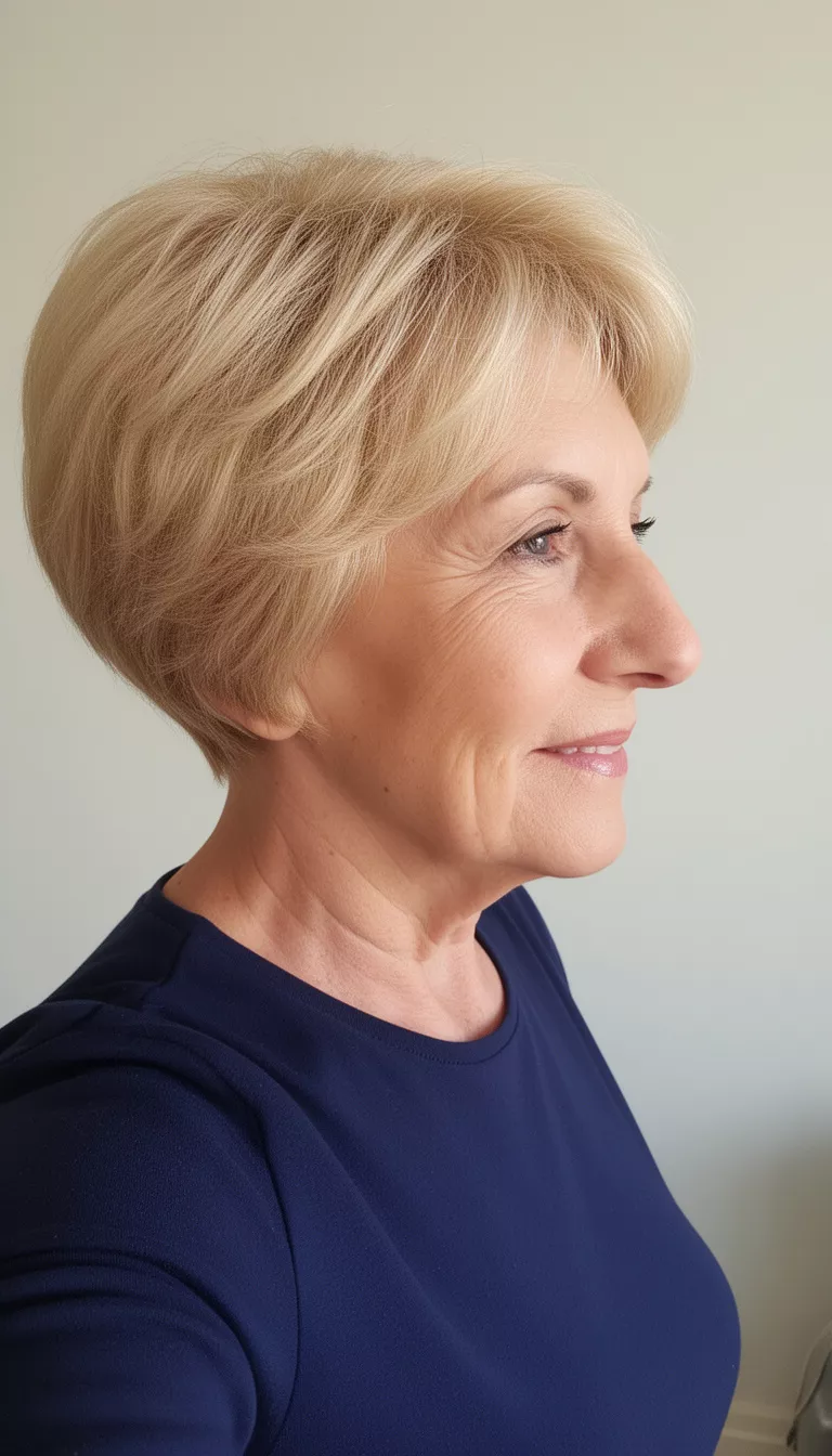 selfie of a 72-year-old woman wearing a dark blue top with a neat blonde textured cut hairstyle, side view, minimal background