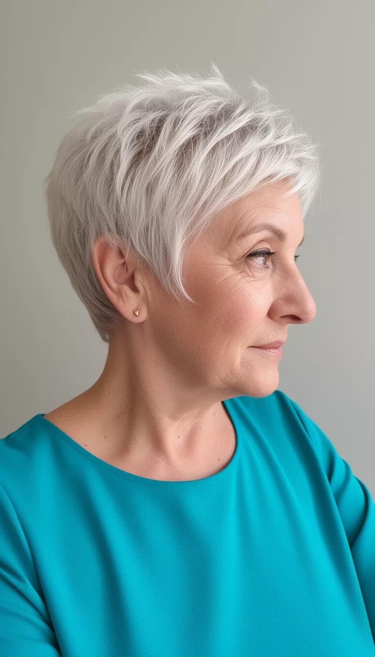 selfie of a 77-year-old woman wearing a bright teal top with a feathered platinum pixie hairstyle, profile view, minimal background