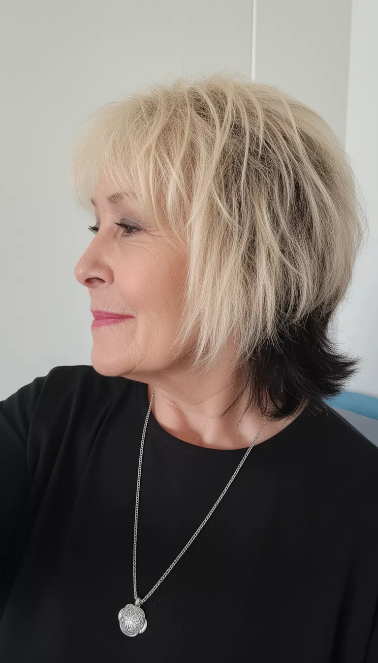 selfie of a 73-year-old woman wearing a black top and silver necklace with a shaggy blonde with dark roots hairstyle, side profile view, minimal background