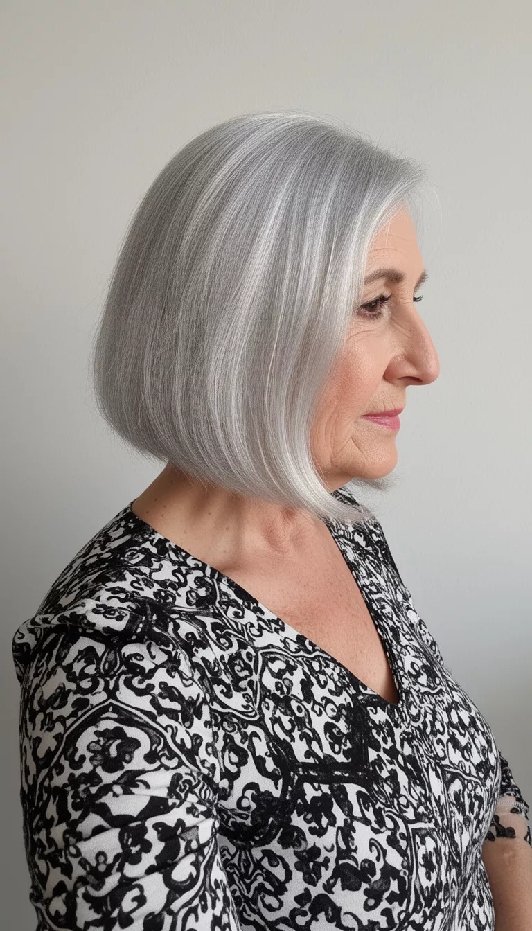selfie of a 76-year-old woman wearing a black and white patterned top with a silver medium length bob hairstyle, side view, minimal background