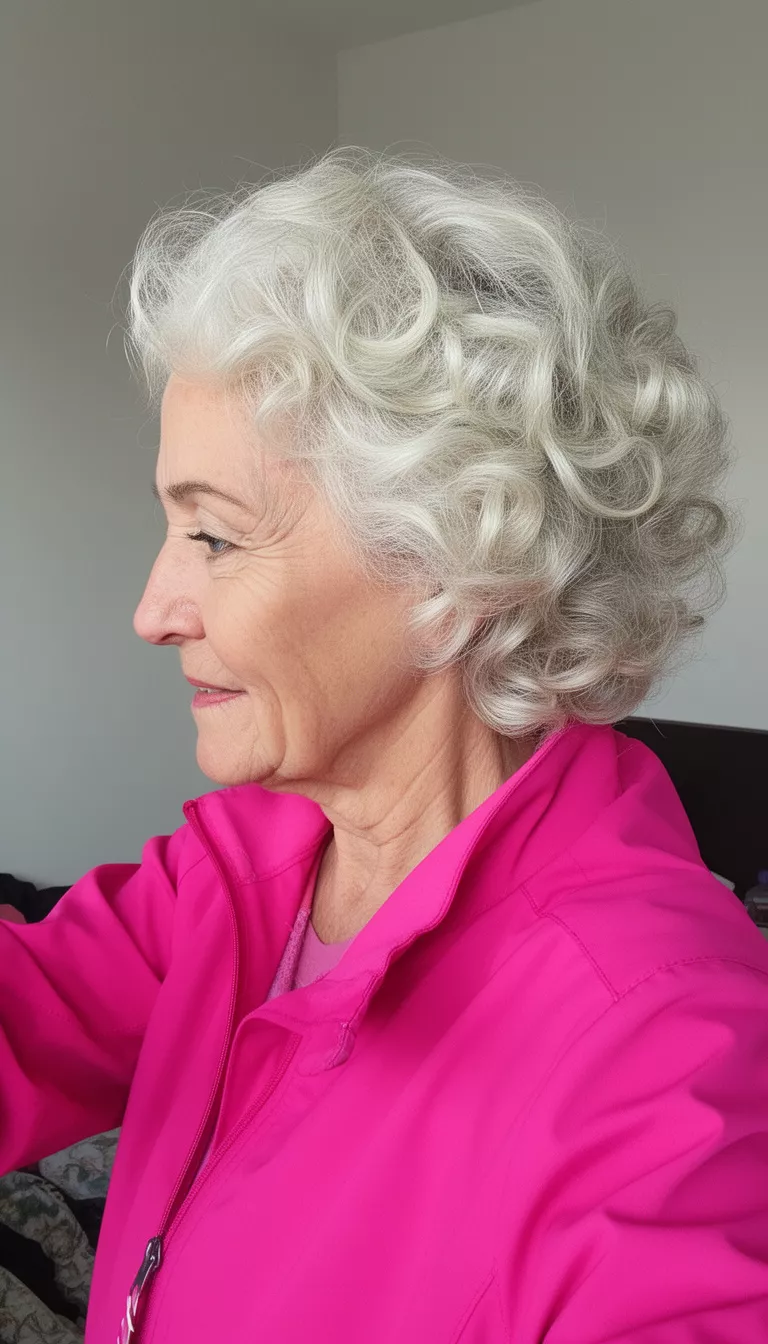 selfie of a 78-year-old woman wearing a bright pink jacket with a curly platinum volume hairstyle, side profile view, minimal background