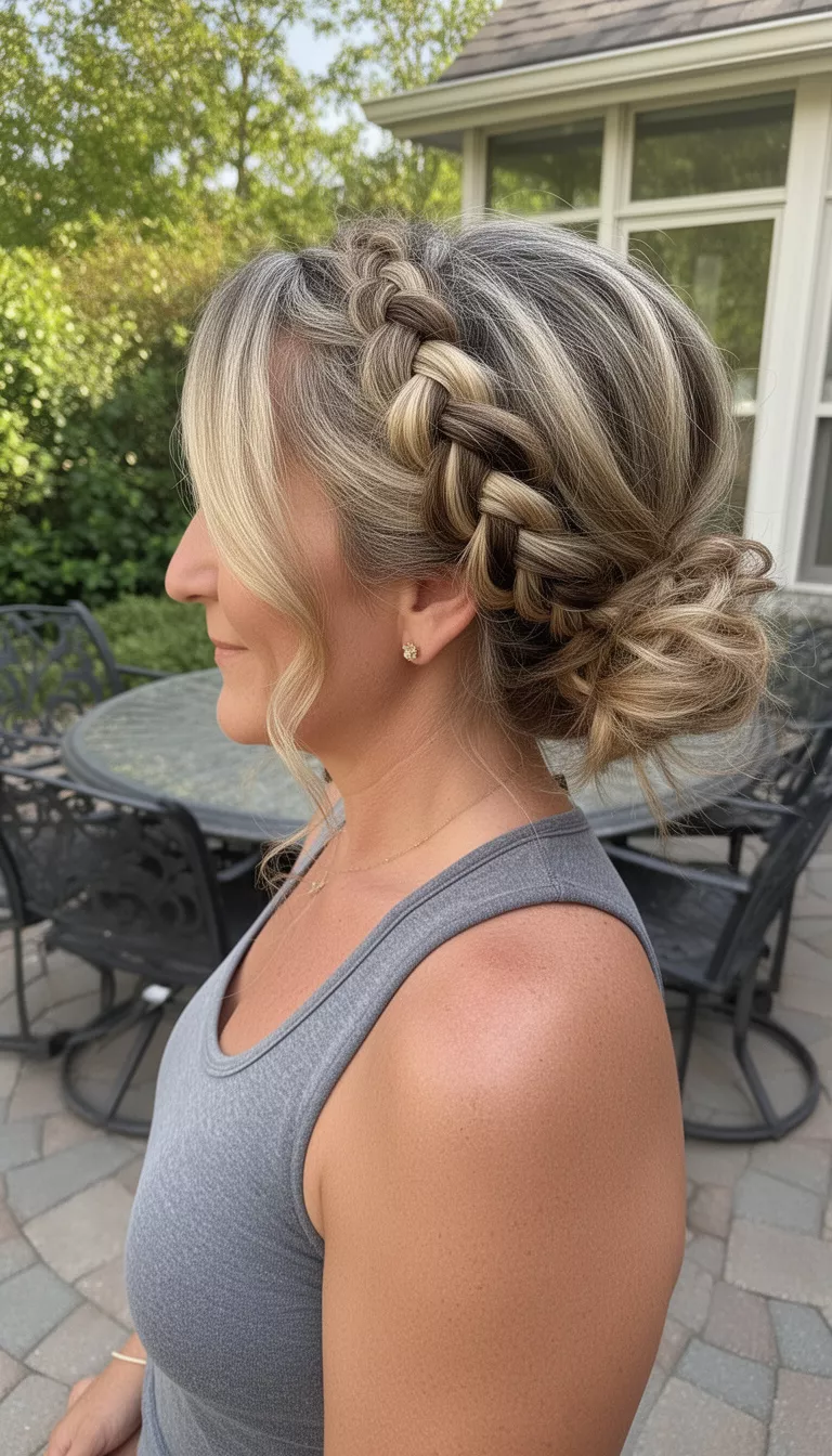 casual photo of a 45-year-old woman wearing a grey tank top with a blonde and brown highlighted colored crown braid leading into a low messy side bun hairstyle, side view, patio setting.