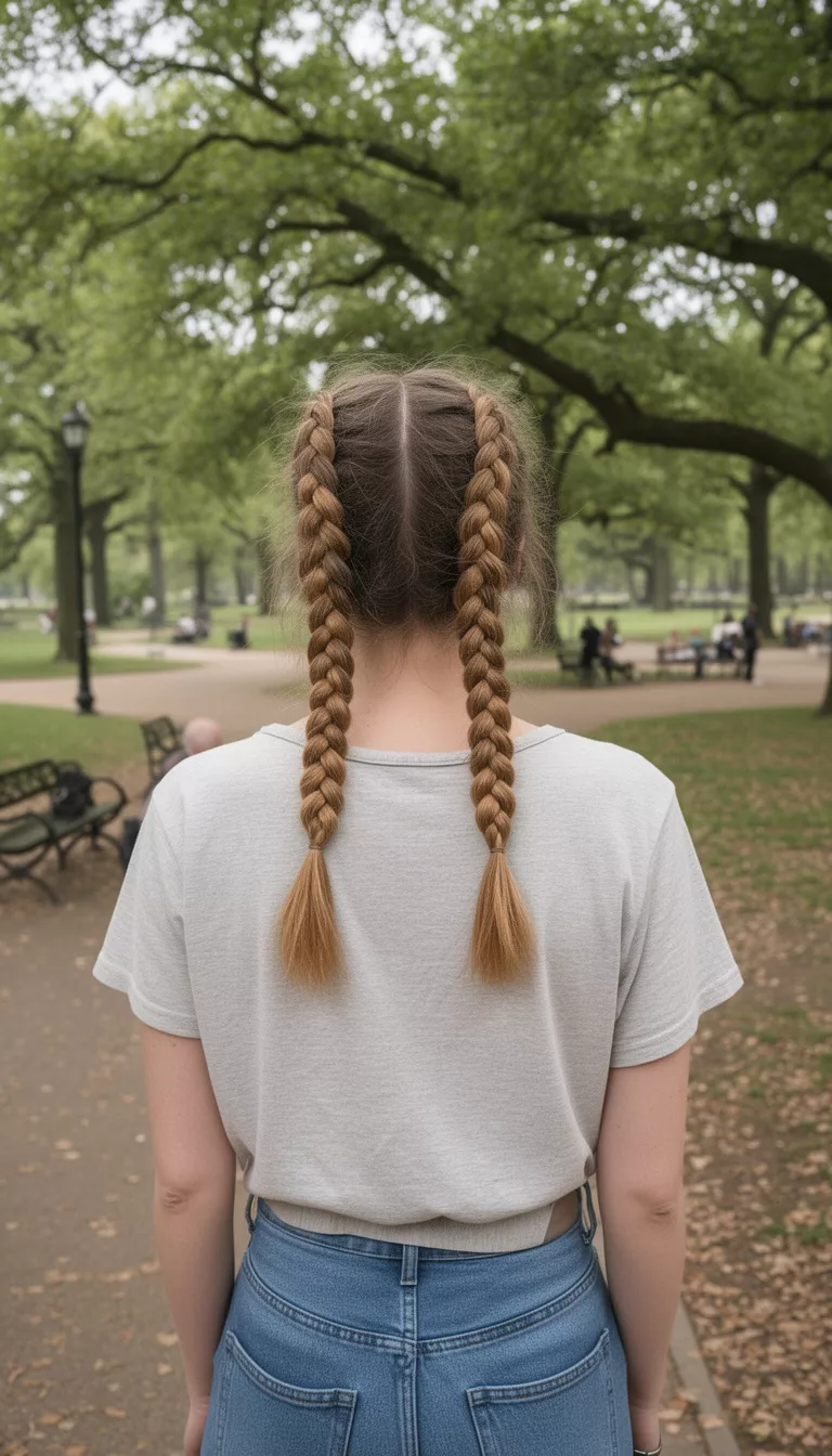casual photo of a 27-year-old woman wearing a casual top with a light brown colored chunky Dutch braids ending in low pigtails hairstyle, back view, park setting.