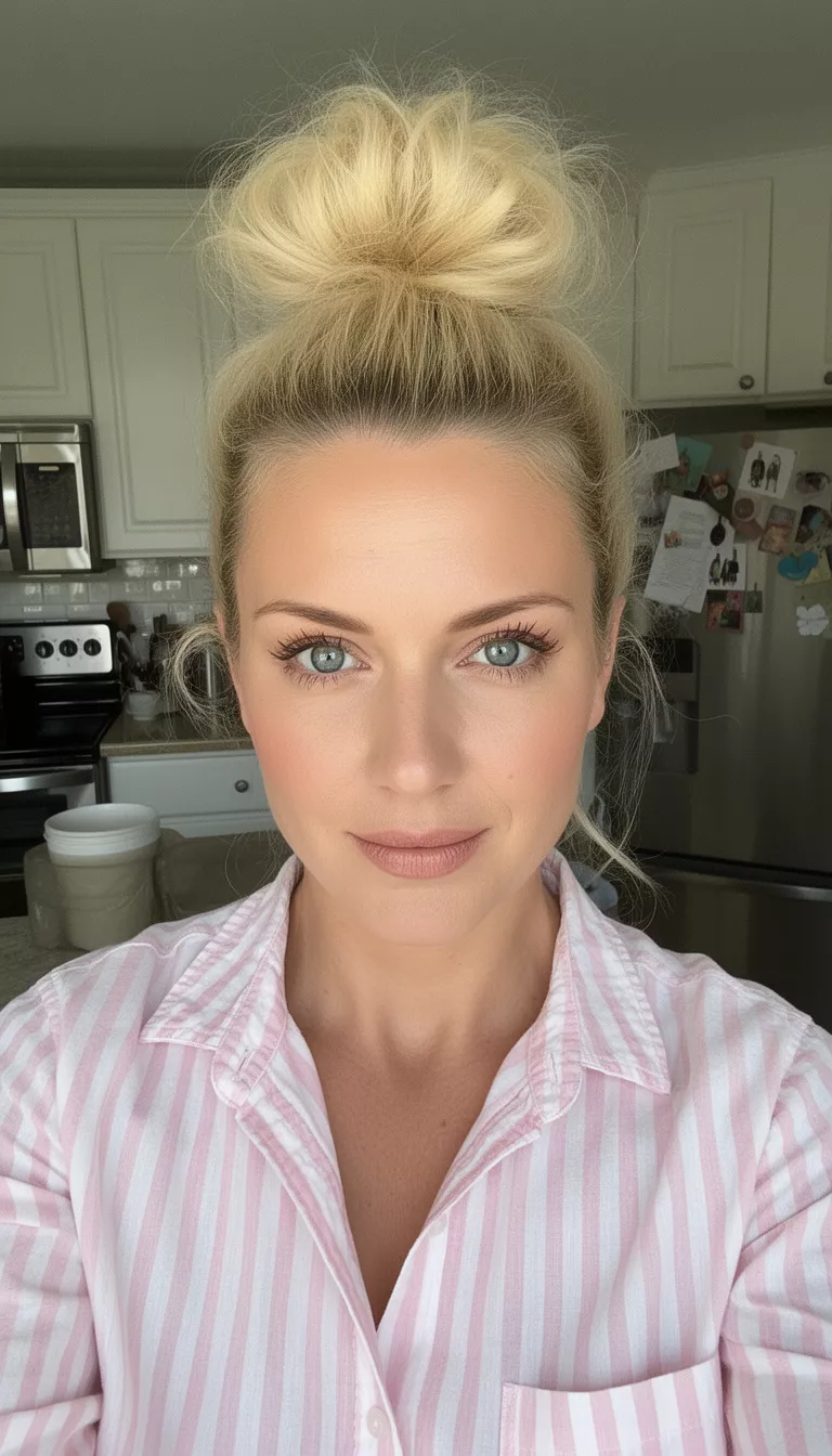 casual photo of a 36-year-old woman wearing a light pink and white striped shirt with a bright blonde colored high messy bun hairstyle, front view, kitchen background.